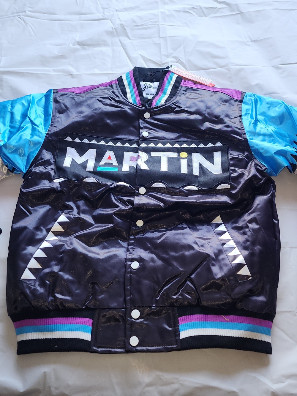 Nostalgia CO. Martin Logo Satin Bomber Jacket in Black, Aqua & Purple MEN'S SM